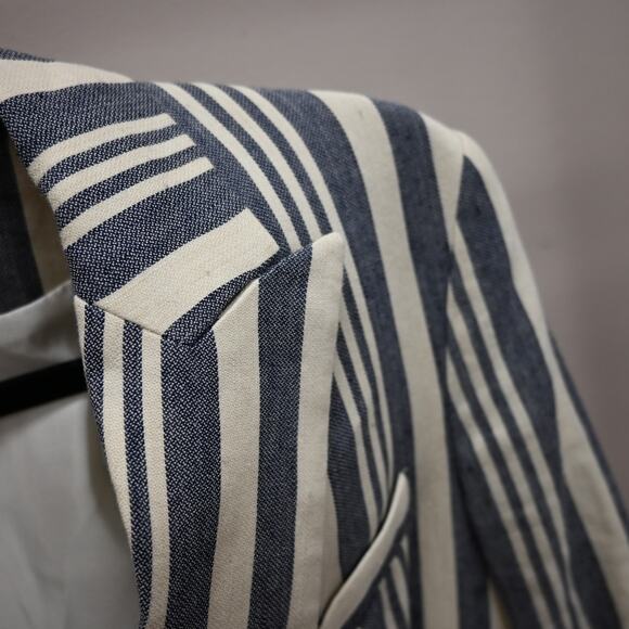 Veronica Beard Millar Blazer Size Medium Blue Cream Striped Linen Blend - Picture 7 of 11